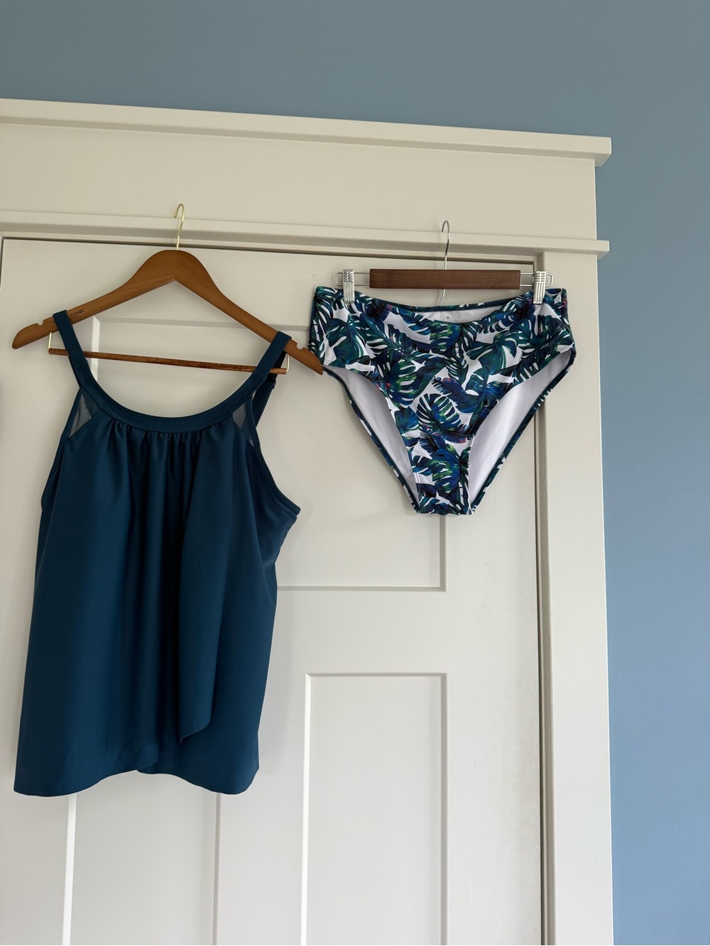 Teal Mesh High Neck Tankini & Palm Leaf High Waist Two Piece Swimsuit XL